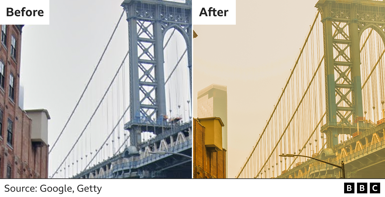 Imágenes del antes y el después que muestran una vista del puente de Manhattan