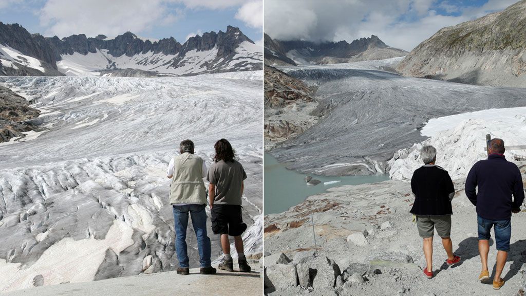 A combination of two pictures shows the difference in the amount of ice on the Rhone glacier at the Furkapass, Switzerland in 2018 and in 2008.