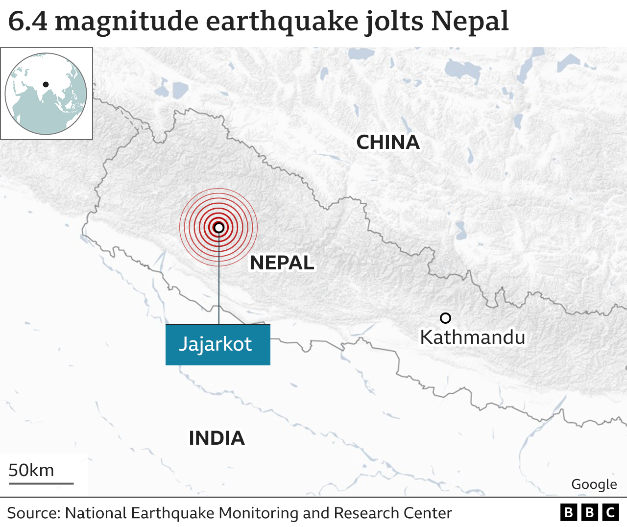 Map of 3 November 2023 earthquake in Nepal