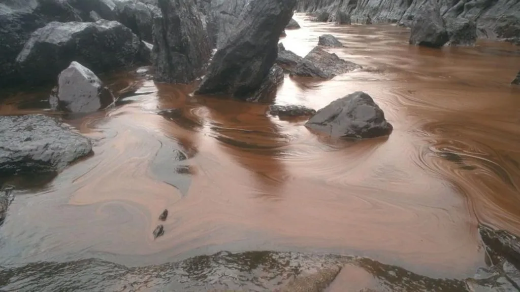 Oil coating a beach and rocks after the Sea Empress disaster in February 1996