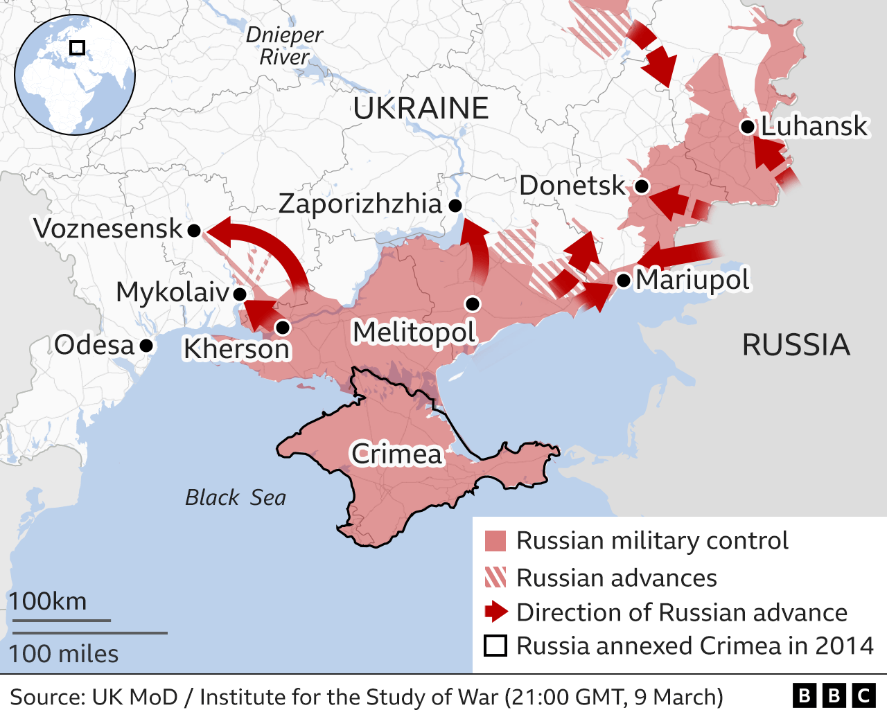 Map showing the Russian military advance into Ukraine from the south. Updated 10 MAR