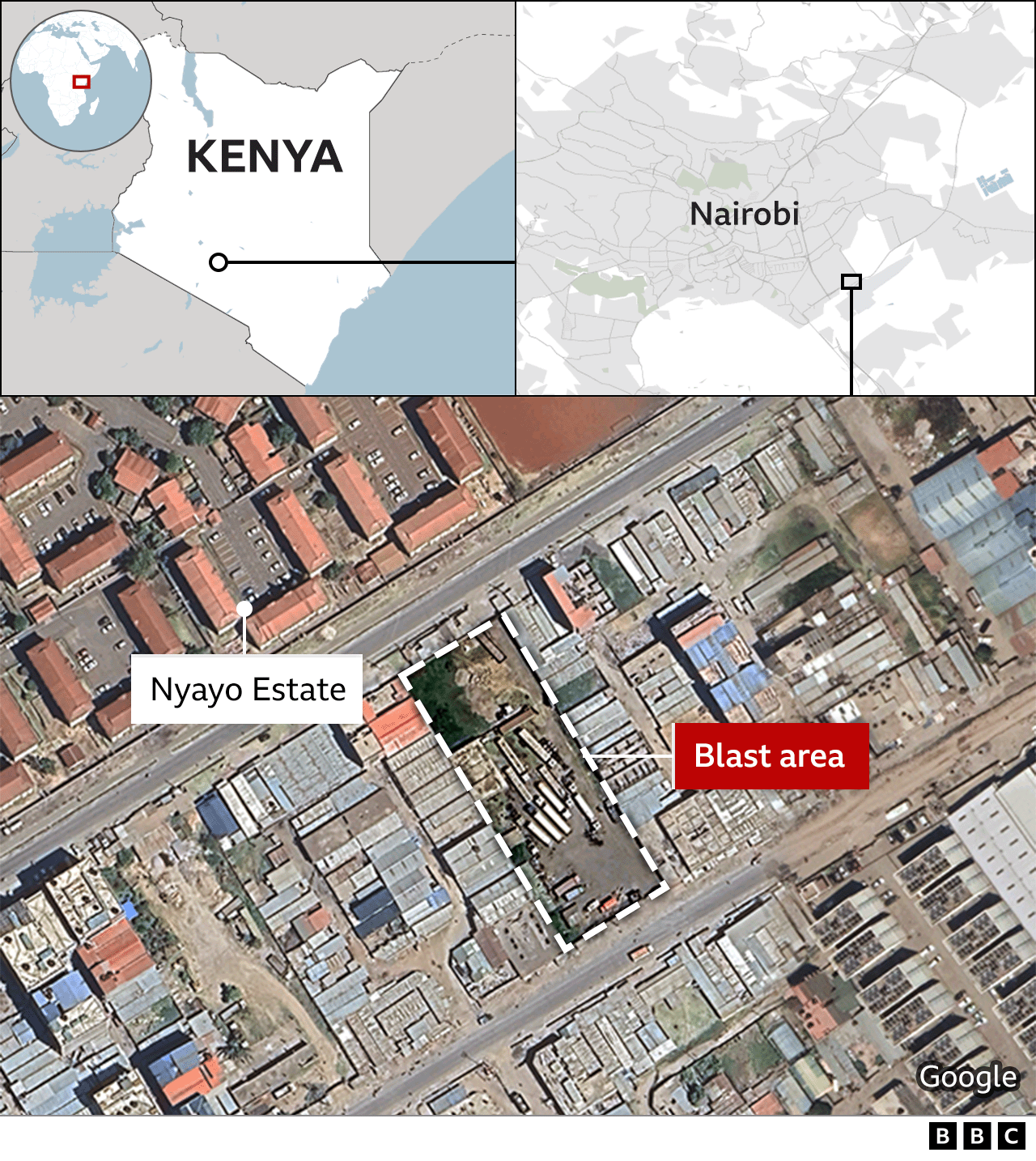 Map showing location of the blast site in Nairobi and a wider locator of Kenya