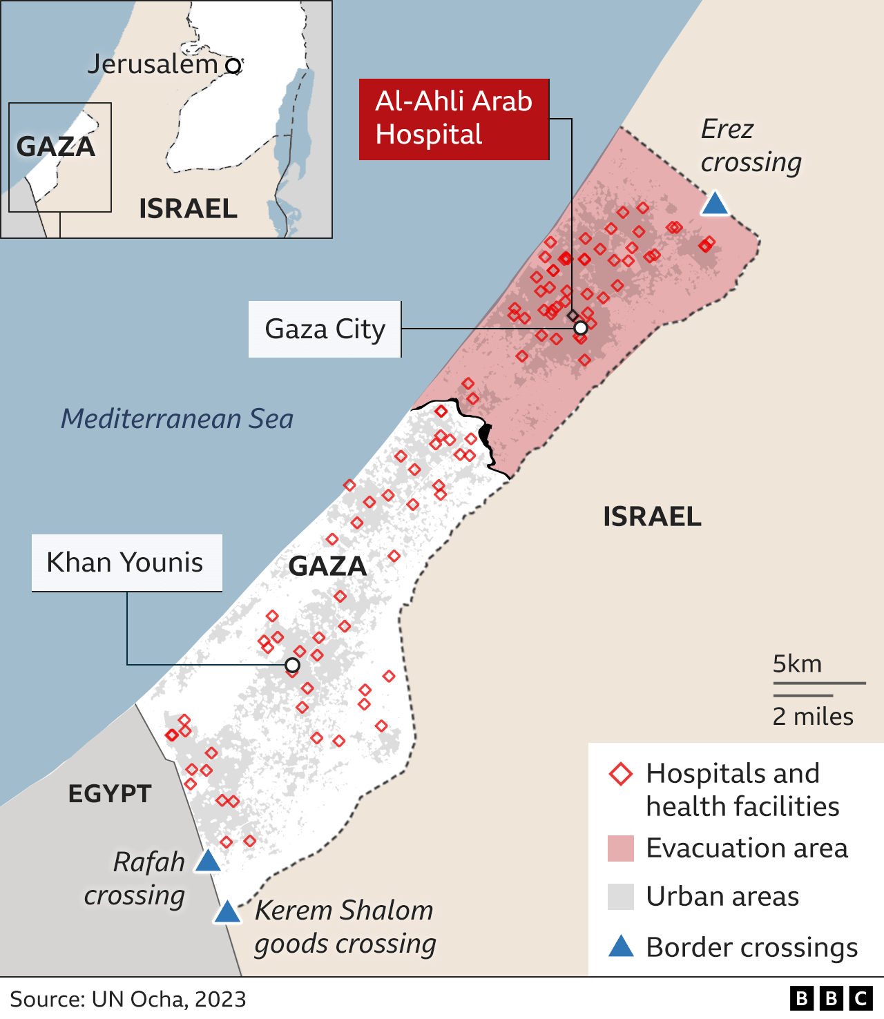 Map of the Gaza Strip showing hospitals effected by Israeli military's evacuation order