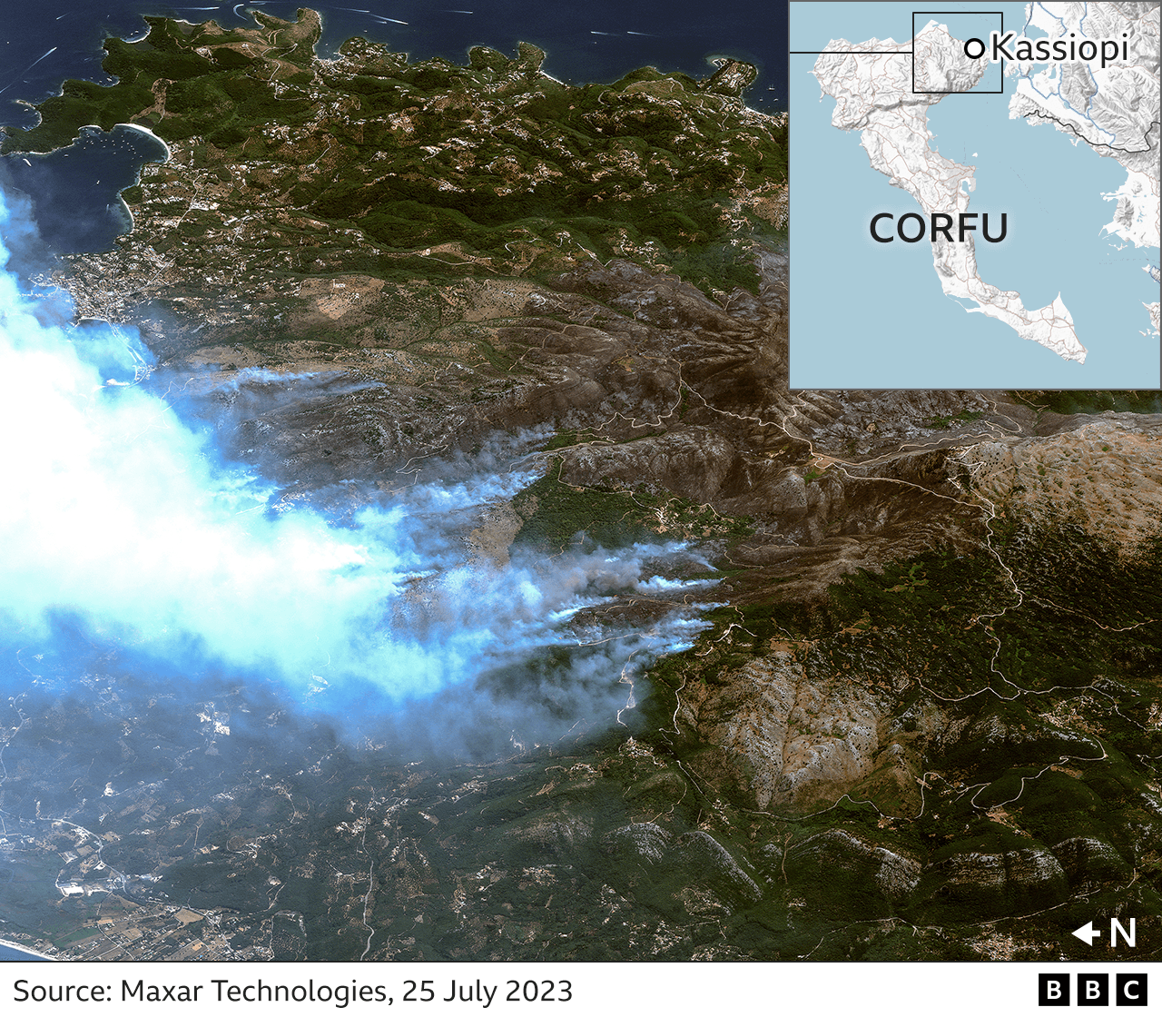 Satellite image shows smoke from fires near Kassiopi on Corfu