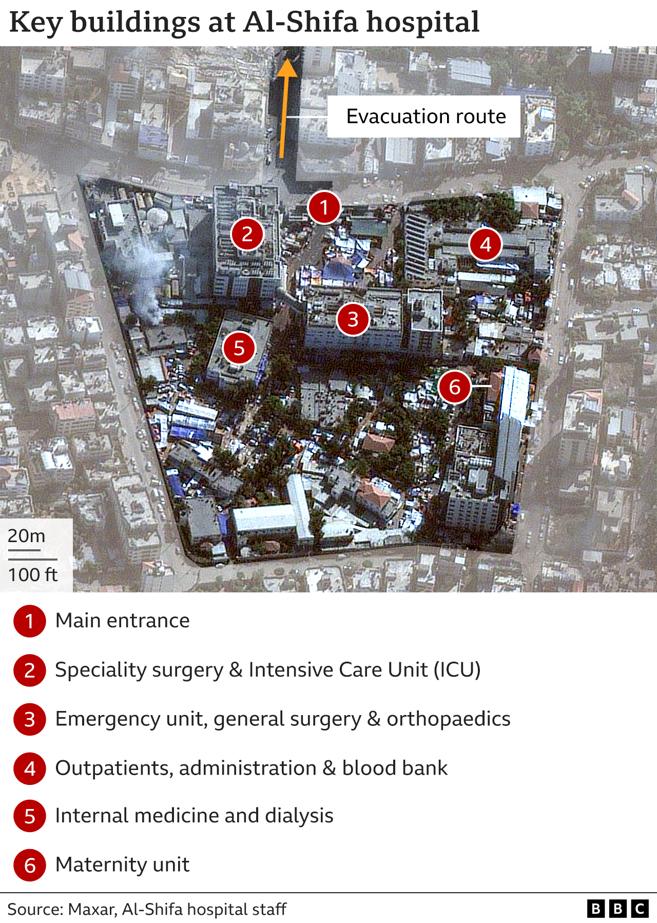 Satellite photograph showing key buildings at Al-Shifa hospital in Gaza City