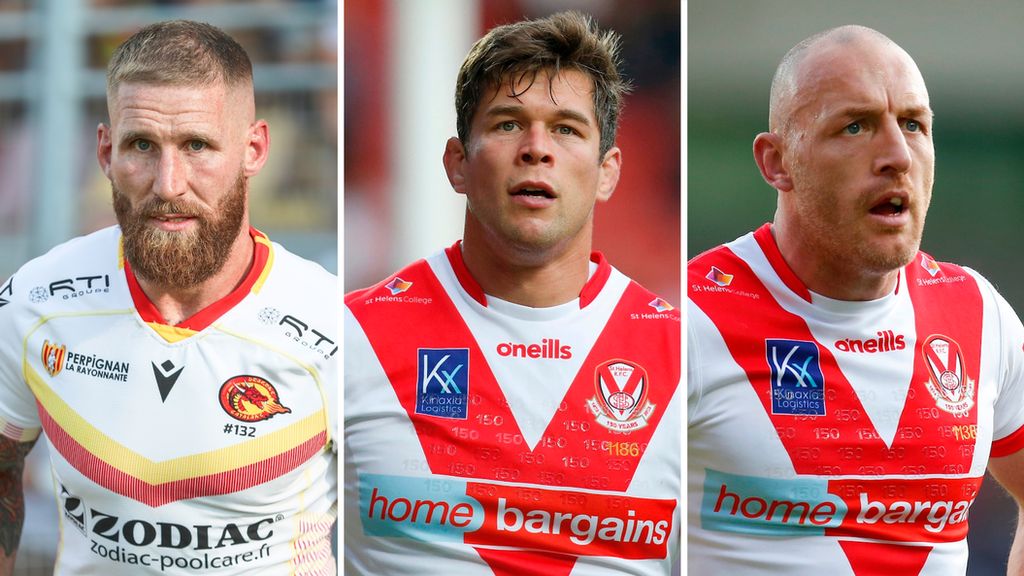 Catalans' Sam Tomkins and St Helens' Louie McCarthy-Scarsbrook and James Roby in action