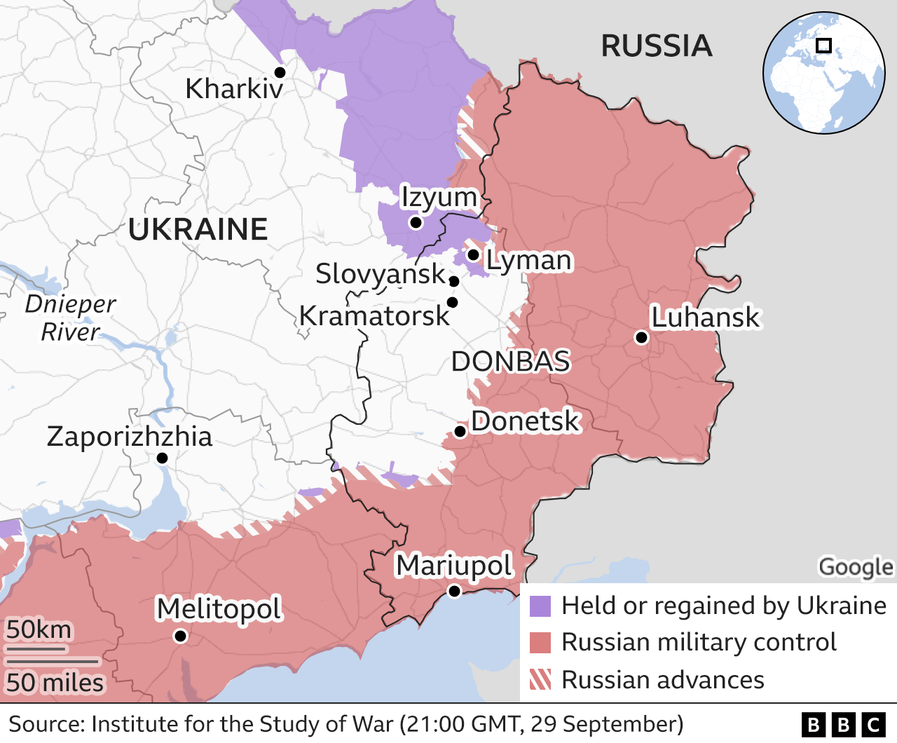 Map showing east Ukraine. Updated 30 Sept.