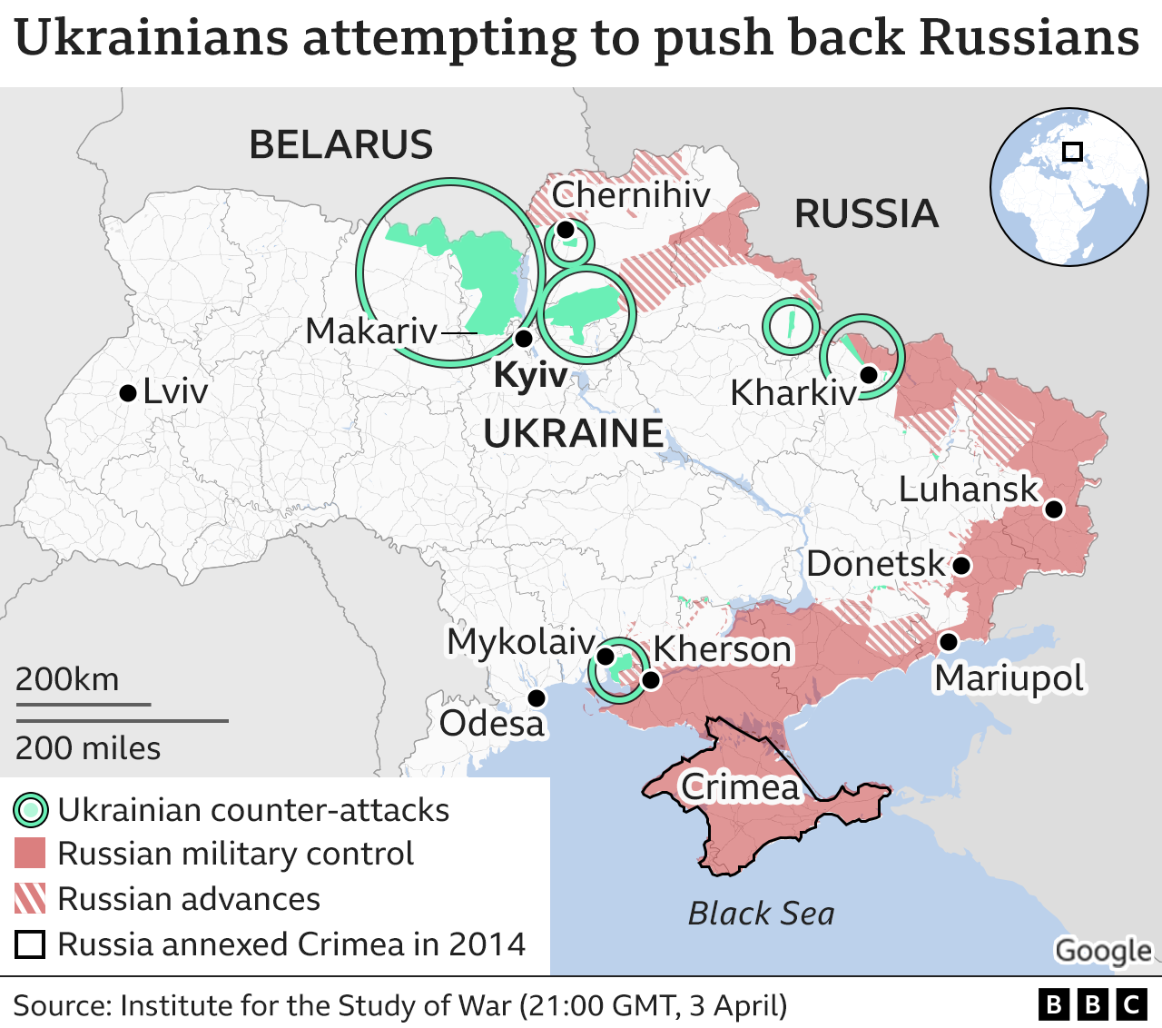 Map showing Russian advances and Ukrainian counter-attacks