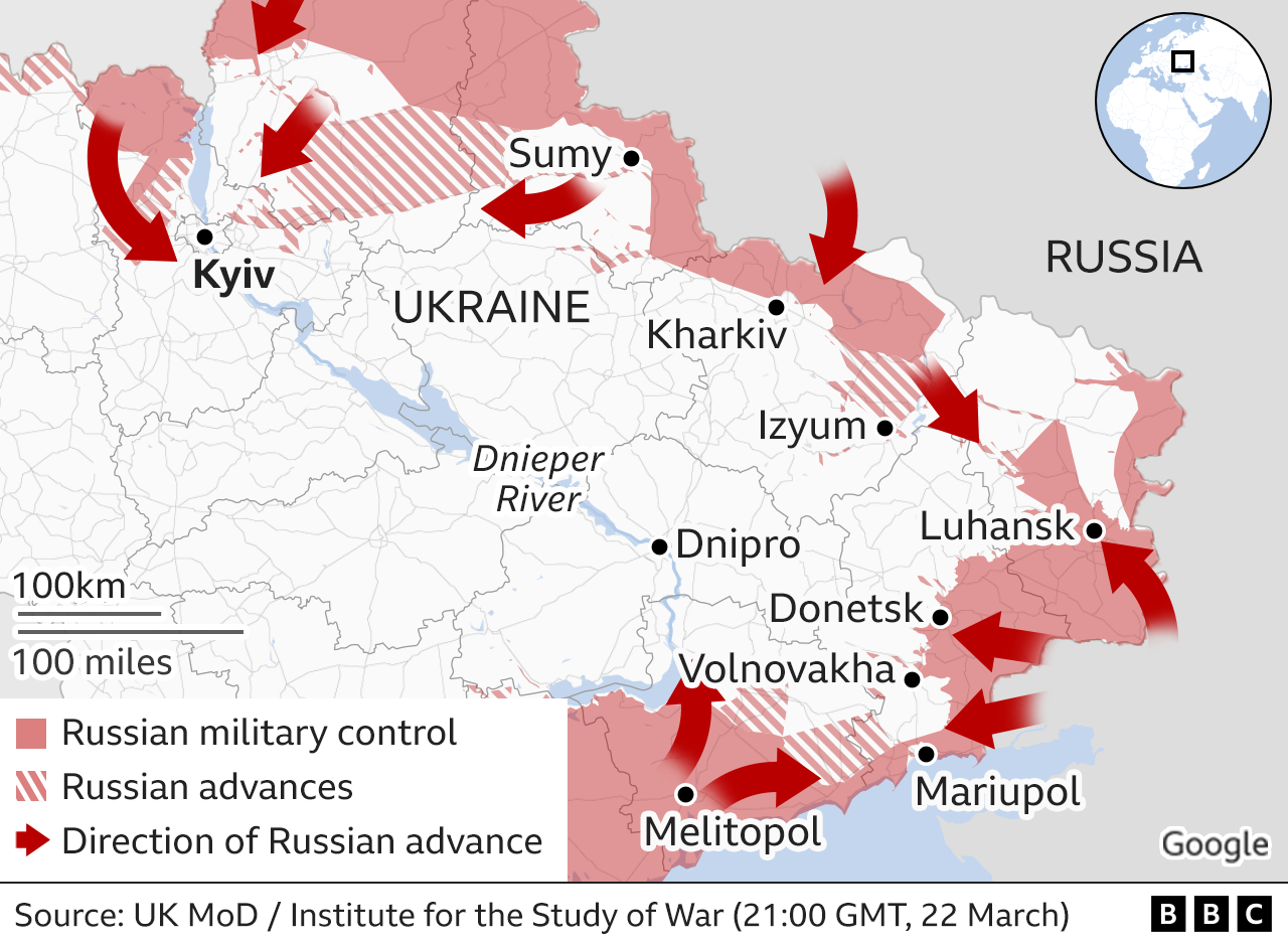 Map showing the Russian military advance into Ukraine from the east