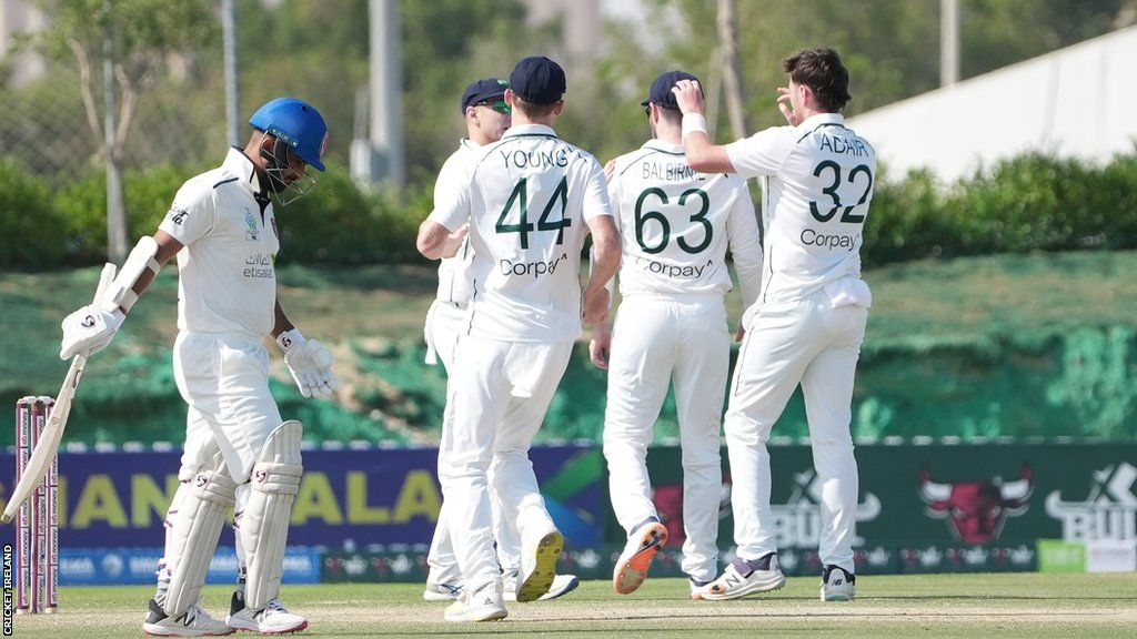 Celebration time for Ireland as an Afghan batter is dismissed in Abu Dhabi on Friday morning