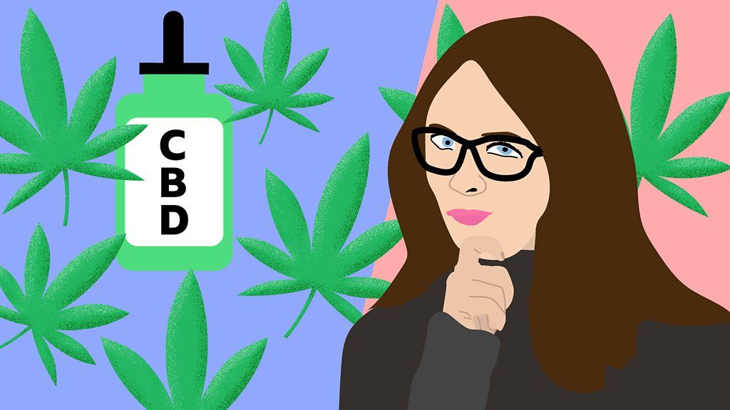Illustration of a bottle of CBD, cannabis leaves and a woman in glasses