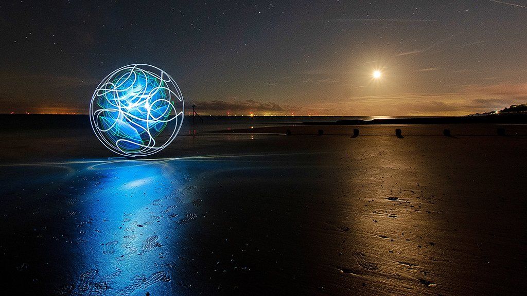 Light-painted snow globe on Frinton beach
