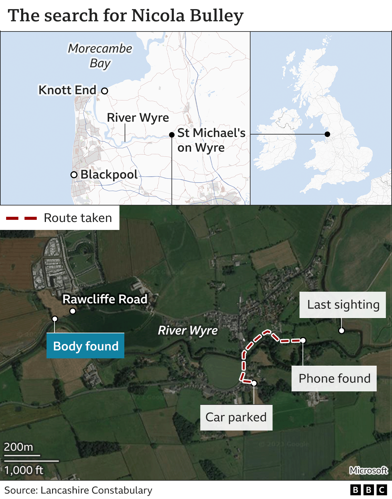 Map showing the route Nicola Bulley is thought to have taken after she parked her car in relation to where a body was found on Sunday