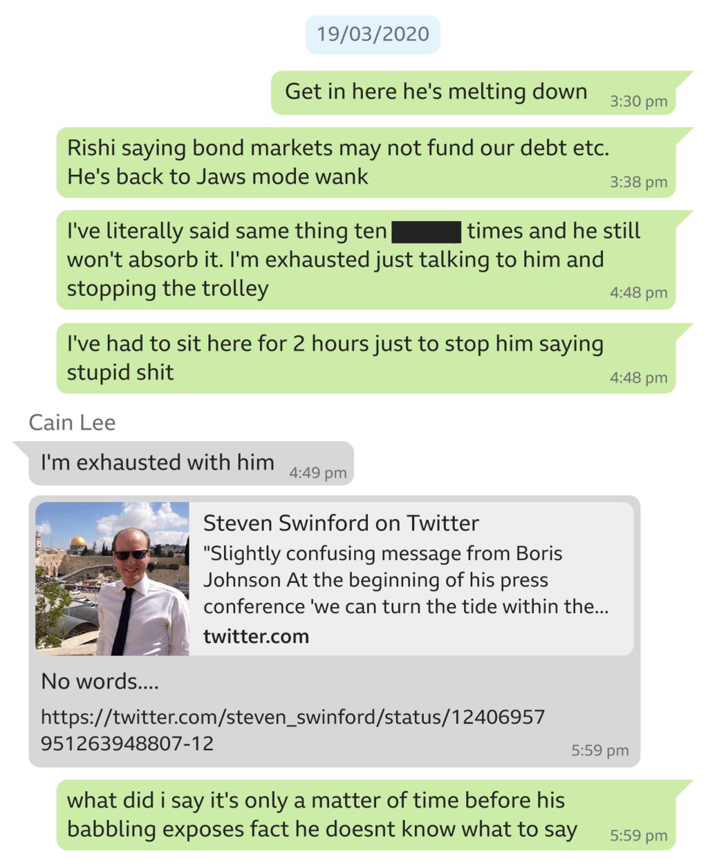 A screengrab of messages shown to the Covid-19 public inquiry, and explained above