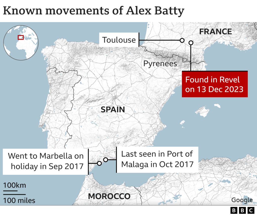A map showing the last known locations of Alex Batty, including Marbella, Port of Malaga and Revel