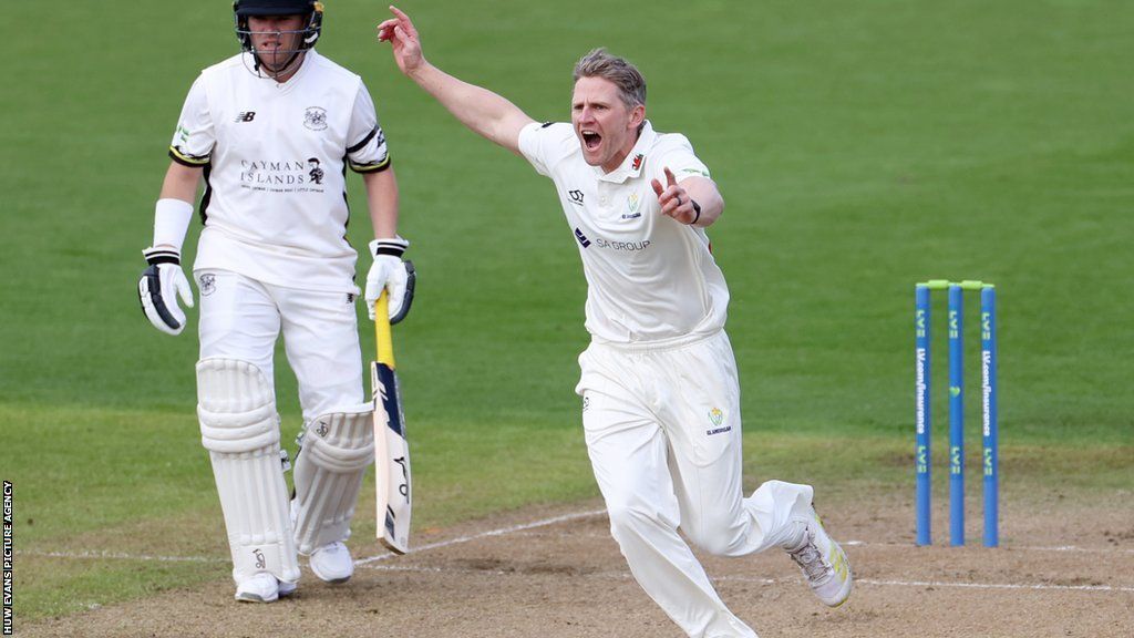 Glamorgan's Timm Van Der Gugten celebrates taking the wicket of Graeme van Buuren