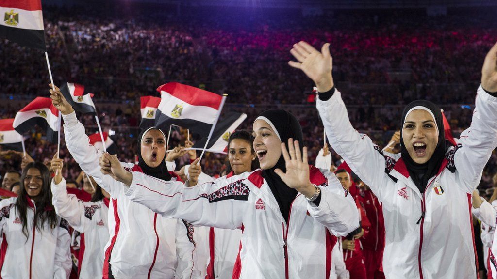 Egyptian athletes parade ahead of the 2016 Olympic Games opening ceremony