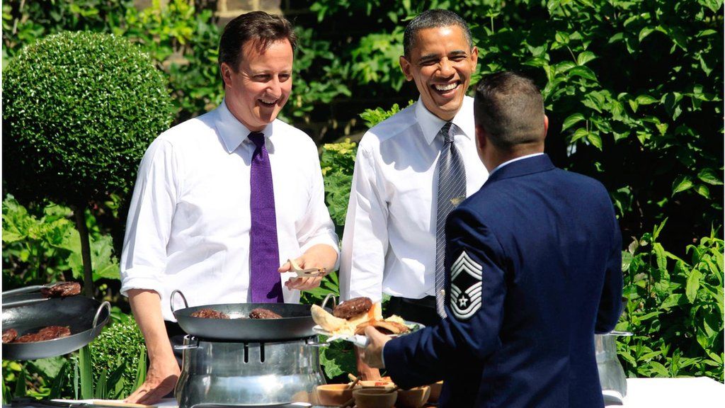 Cameron and Obama at a barbecue in the garden at Downing St