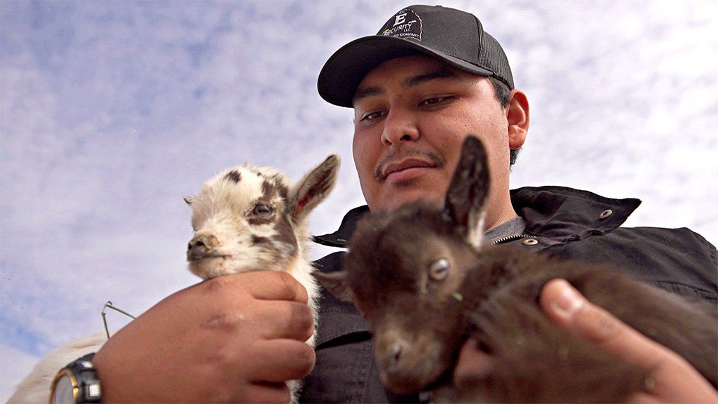 Brandon Billie holding some kid goats