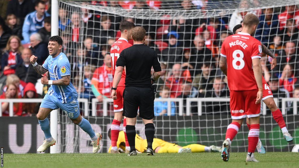 Coventry player Gustavo Hamer (38) celebrates his goal against Middlesbrough