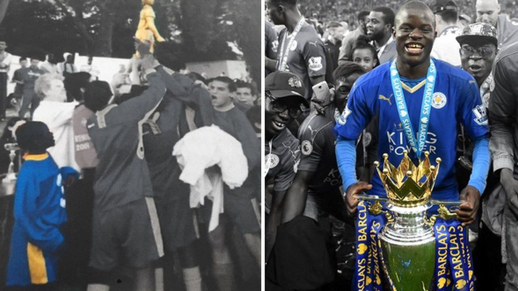 A young N'Golo Kante (left) and celebrating winning the title with Leicester