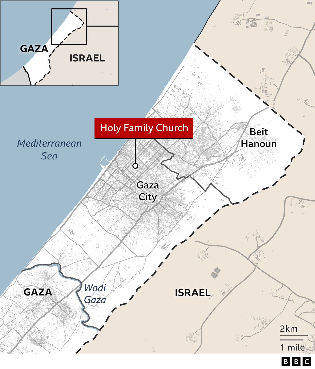 Map of Gaza City showing location of the Holy Family Church