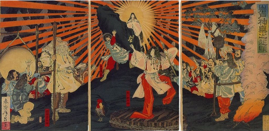 Amaterasu emerging from her cave - Japanese woodcut