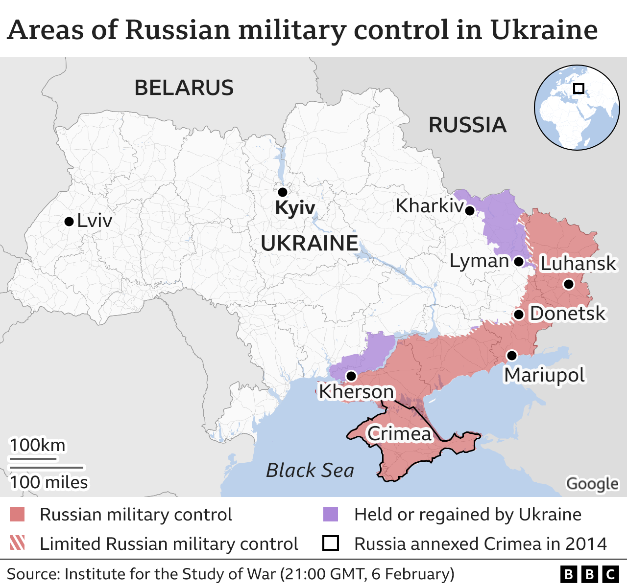 แผนที่ BBC แสดงการควบคุมโดยรวมของยูเครน  เคียฟยังคงปกครองพื้นที่ส่วนใหญ่ของประเทศ โดยมีรัสเซียควบคุมทางตะวันออกและใต้