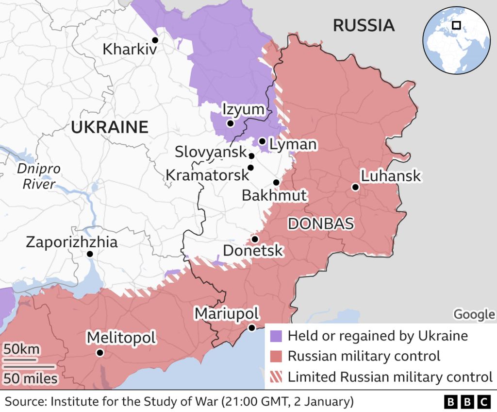 Map shows the border of eastern Ukraine and Russia, with the city of Bakhmut in the Donbas region