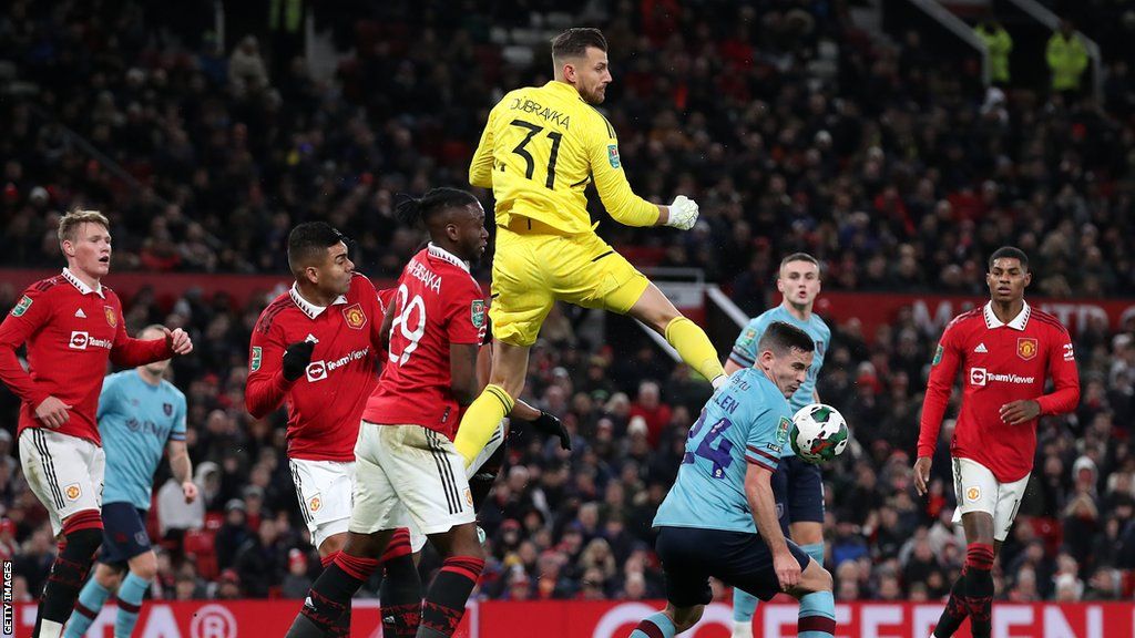Martin Dubravka jumps for a save for Manchester United v Burnley