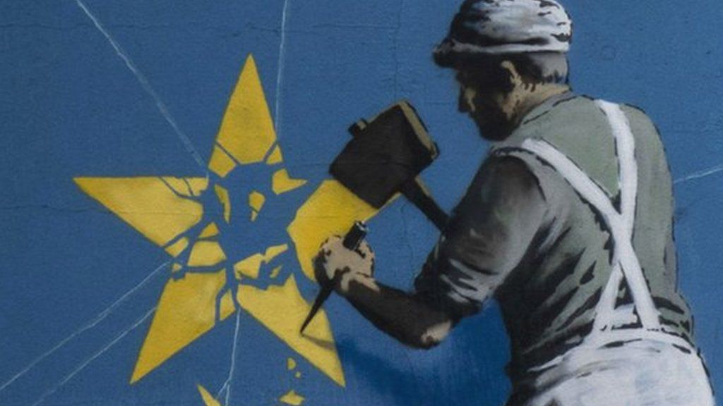 illustration of a man chipping a star off the EU flag