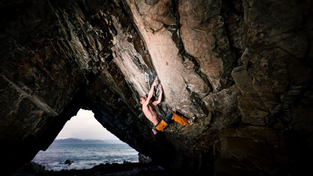 Dave Macleod climbing in Arisaig Cave