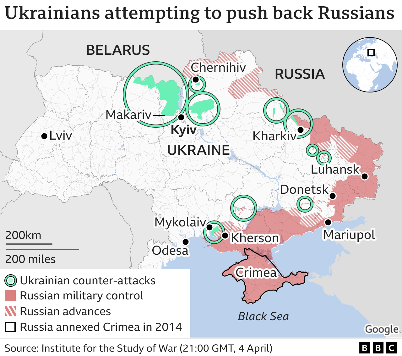 Map showing Russian advances and Ukrainian counter-attacks. Updated 5 April.