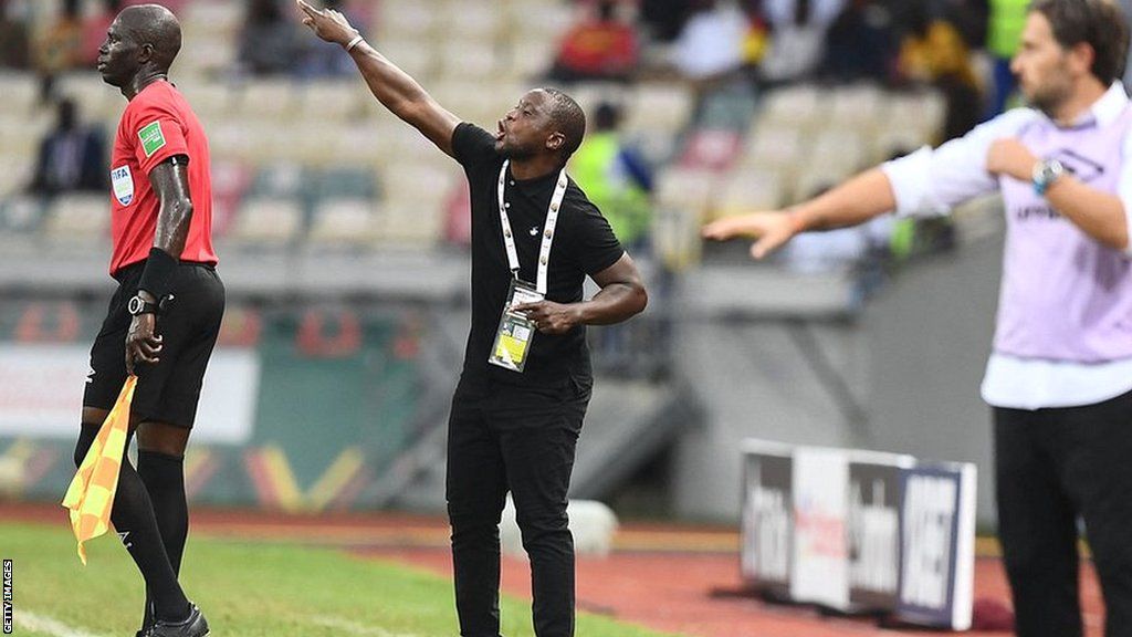 Sierra Leone coach John Keister during AFCON in Cameroon directing his team from the bench