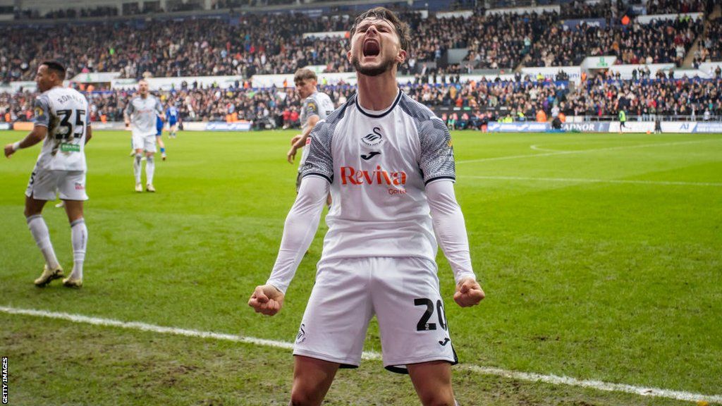 Liam Cullen celebrates his goal against Cardiff