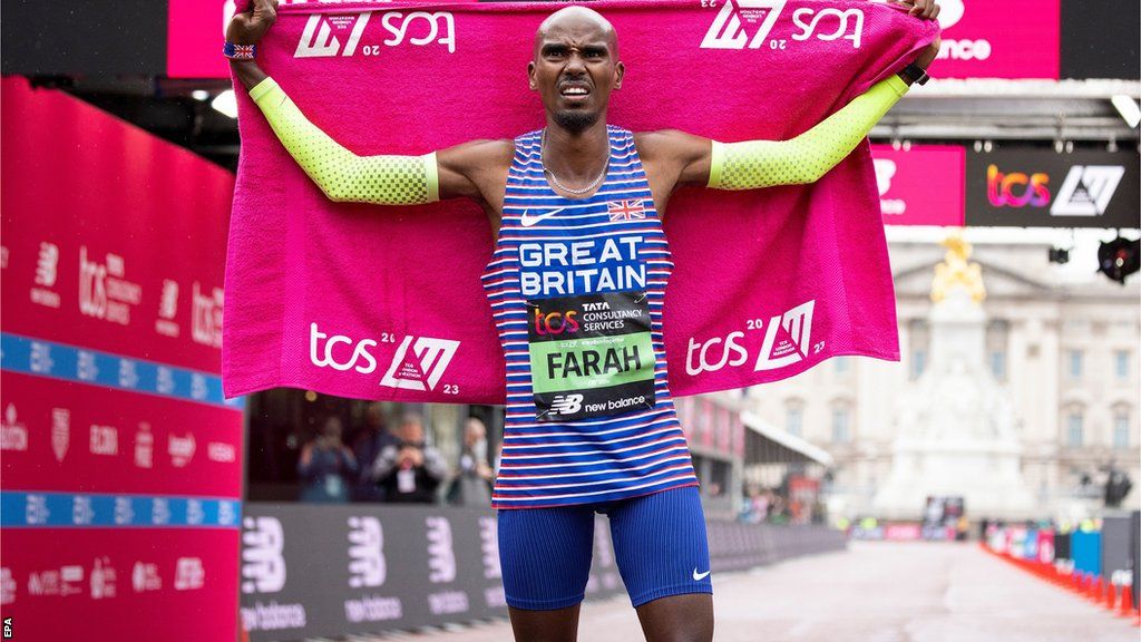 Mo Farah at the London Marathon finish line