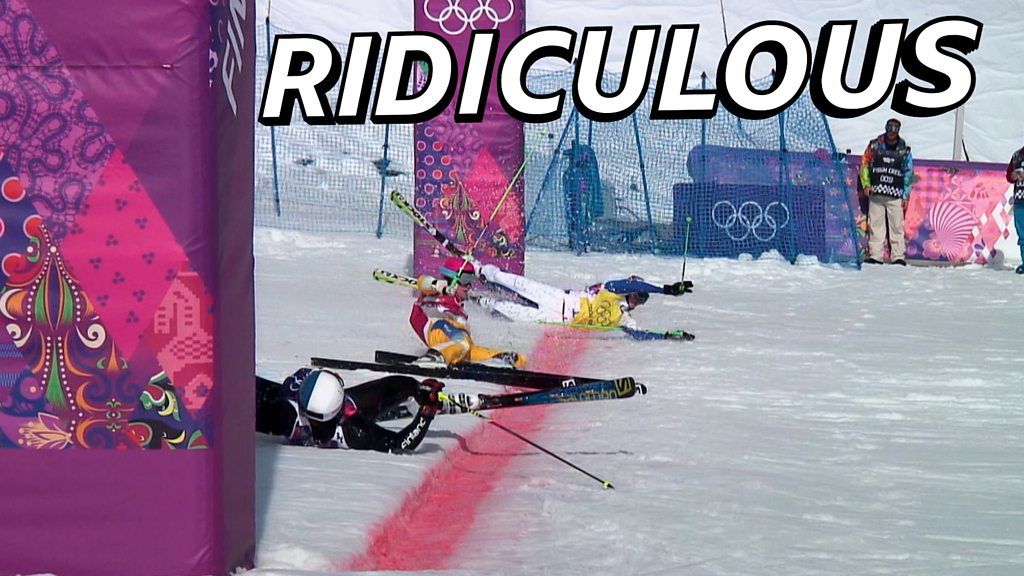 Photo finish of skiers at the 2014 Winter Olympics