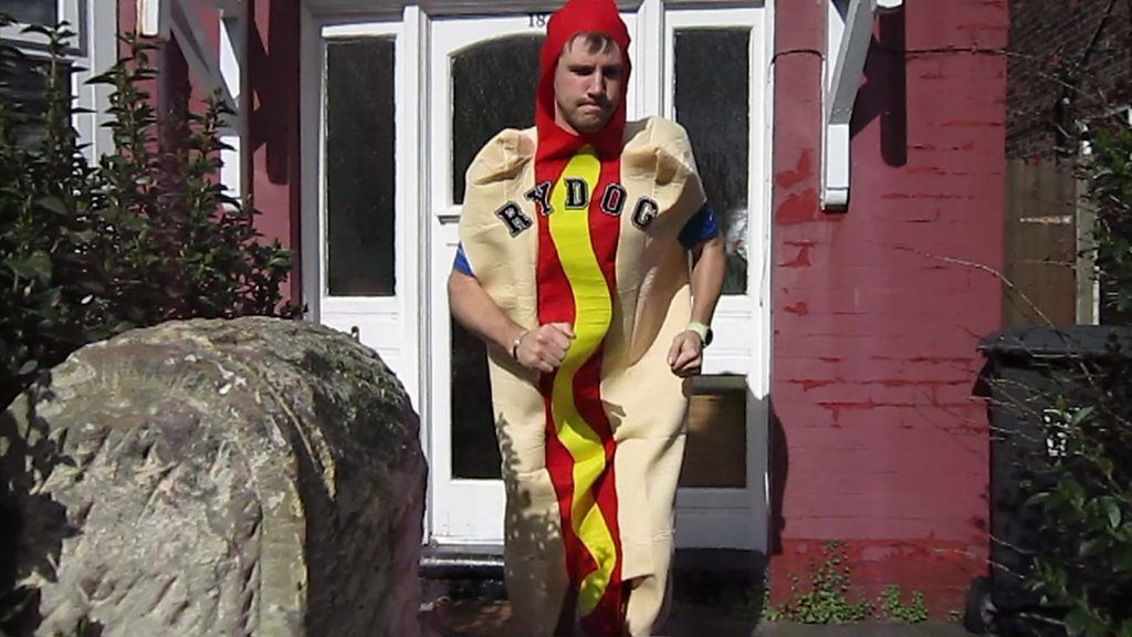Marathon runner dressed as a hotdog