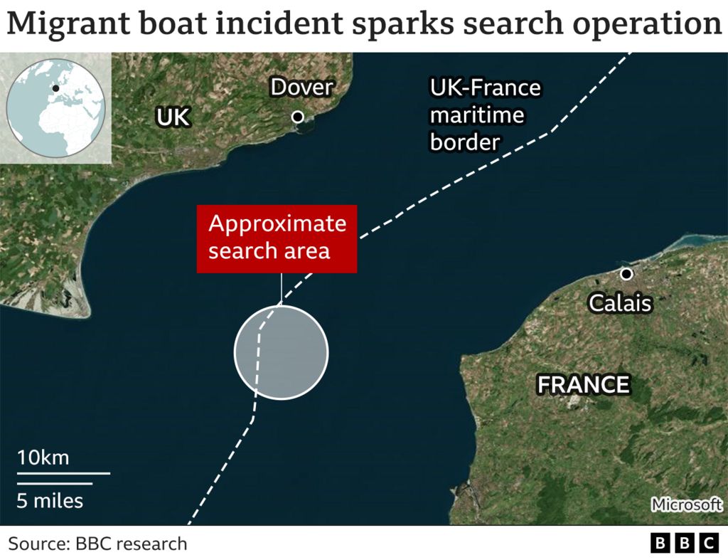 Graph showing the search area for the migrant boat that ran into trouble between France and the Kent coast in the early hours of Tuesday morning