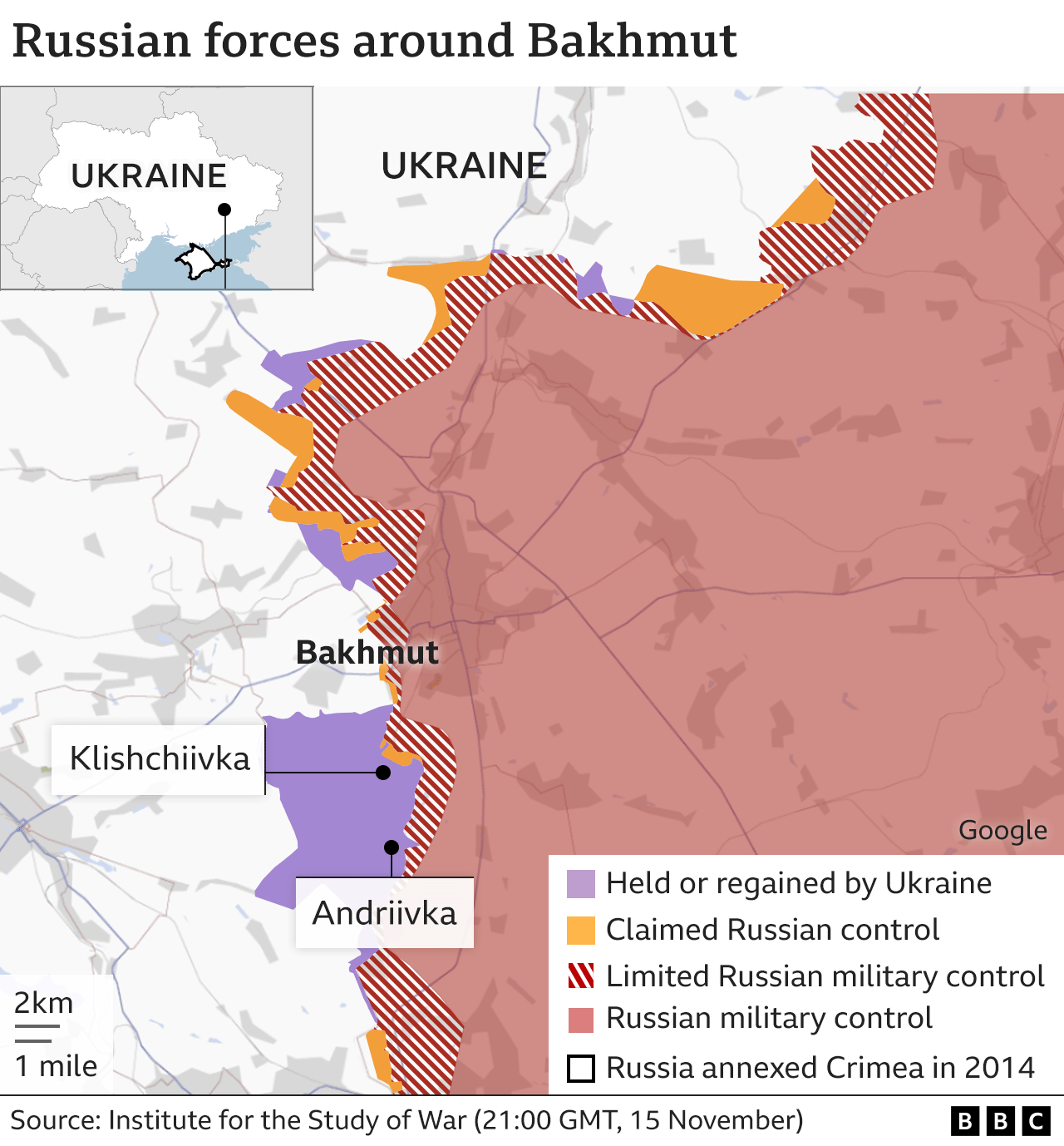 Map showing territorial control around Bakhmut and highlighting the villages of Klishchiivka and Andriivka