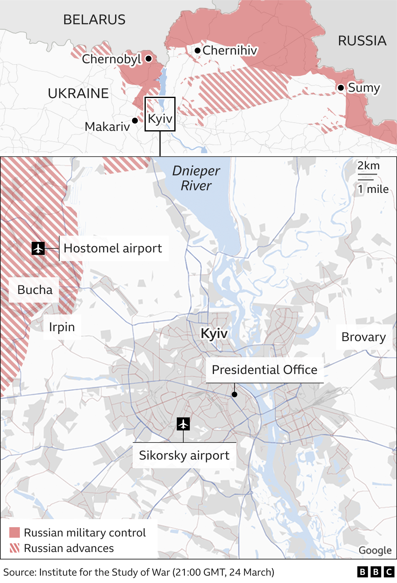 Map showing how Russian forces are positioned around Kyiv