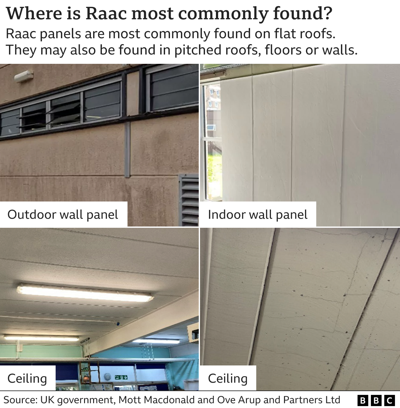 Graphic showing photos of areas where Raac is commonly found, including outdoor wall panels, indoor wall panels, and in ceilings.