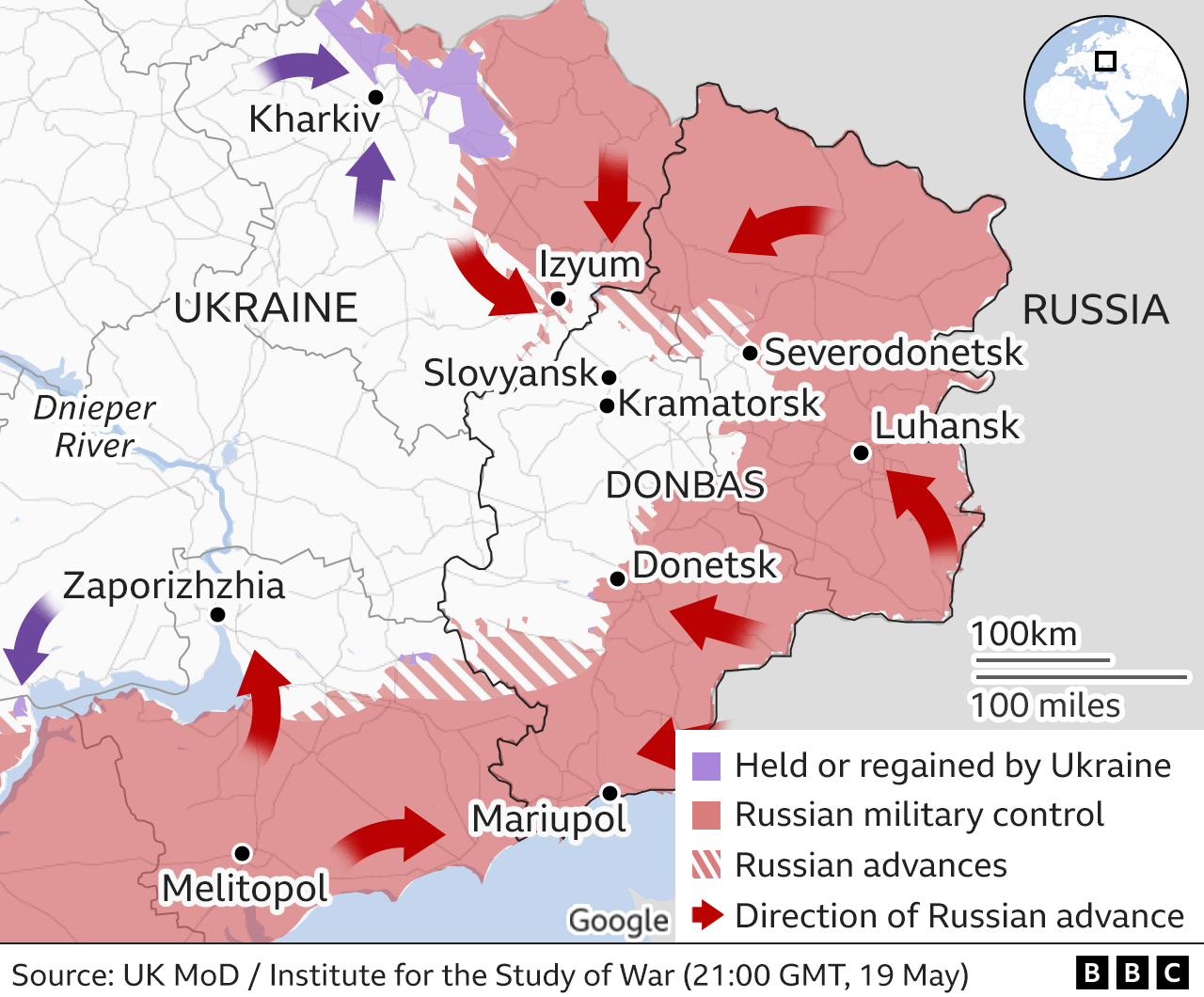 Map showing the Russian military advance into Ukraine from the east