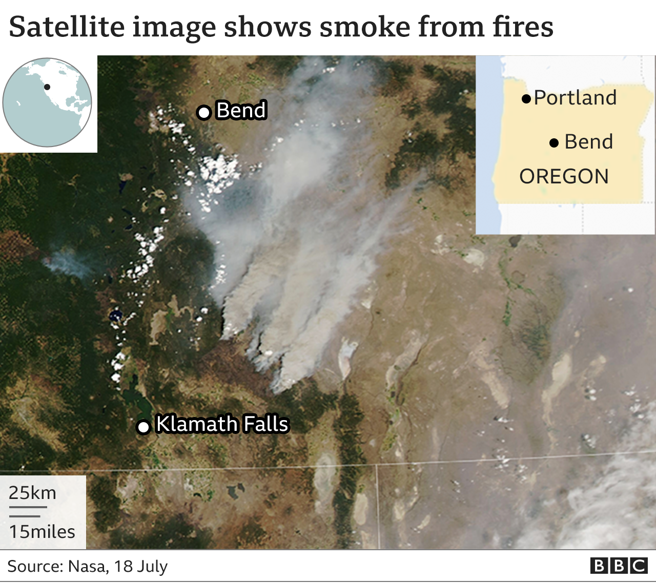A Nasa satellite image showing smoke rising from the wildfires near Bend in Oregon - 18 July 2021