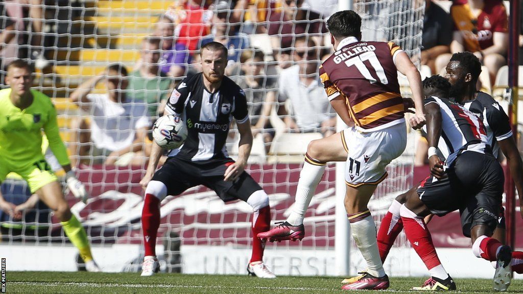 Alex Gilliead scores Bradford's equaliser against Grimsby