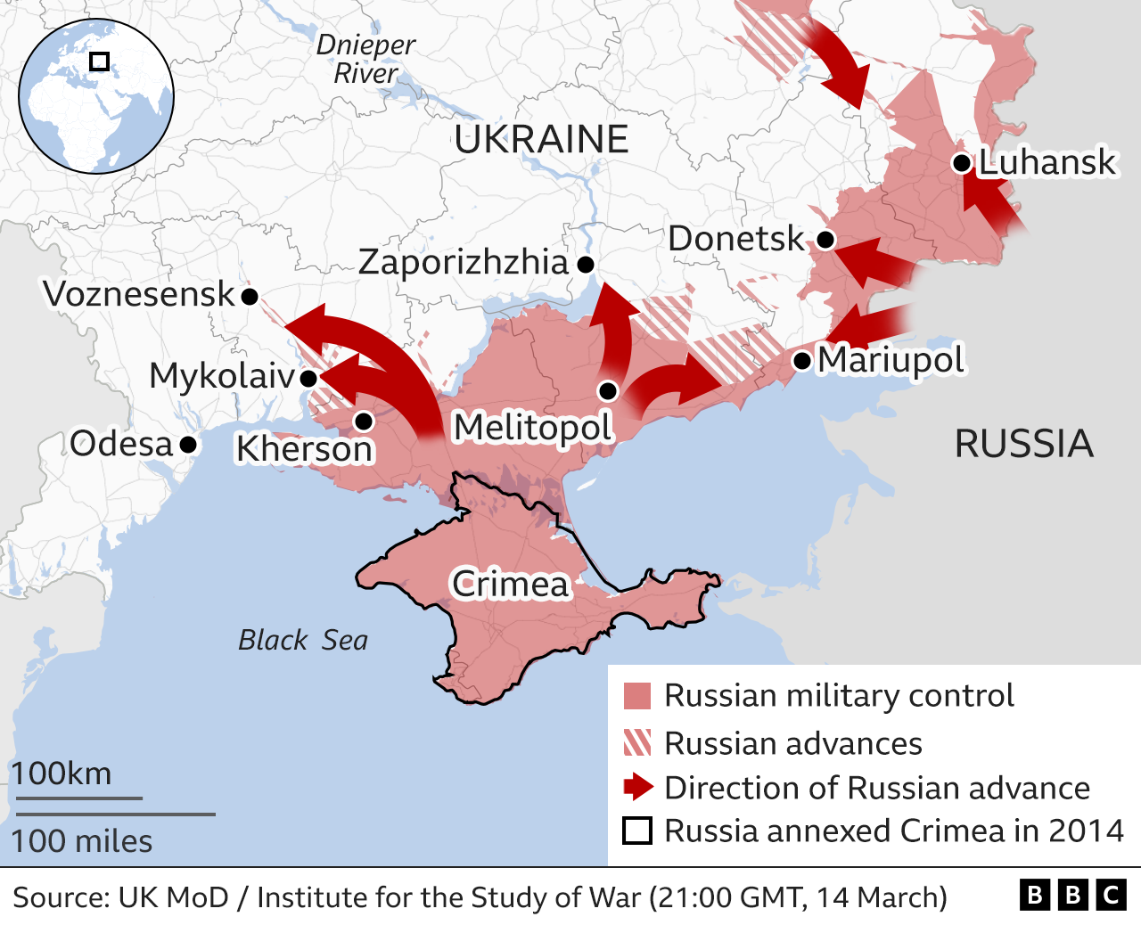 Map showing the Russian military advance into Ukraine from the south. Updated 14 March