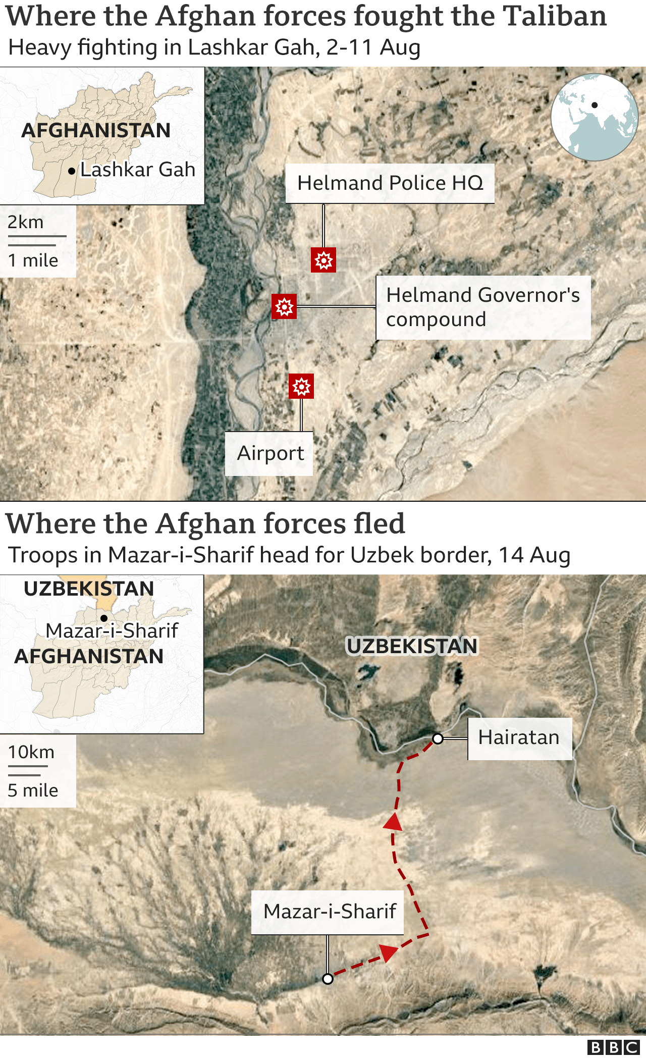 Maps of where the security forces fought and where they fled. Updated 17 Aug.