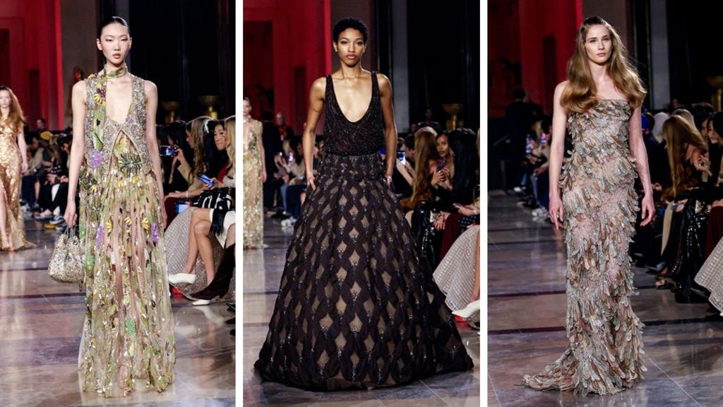 Composite image of three models - the first wears a deep V-cut gown with a matching neck-tie, the second wears a black and brown deep V-neck dress and the third wears a bandeau neckline dress.