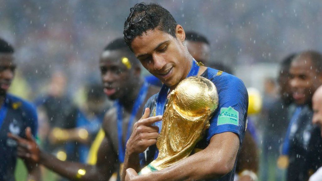 Raphael Varane of France looks at the World Cup trophy after the 2018 Fifa World Cup Final between France and Croatia at Luzhniki Stadium on July 15, 2018 in Moscow, Russia.
