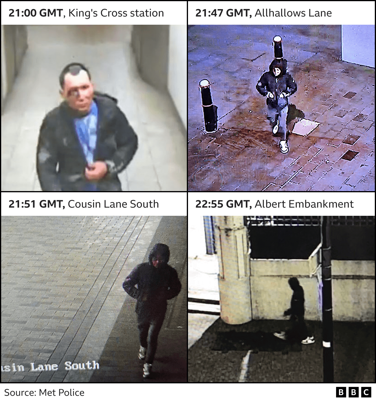 Four CCTV images of Ezidi at King's Cross station, Allhallows Lane, Cousin Lane South and Albert Embankment